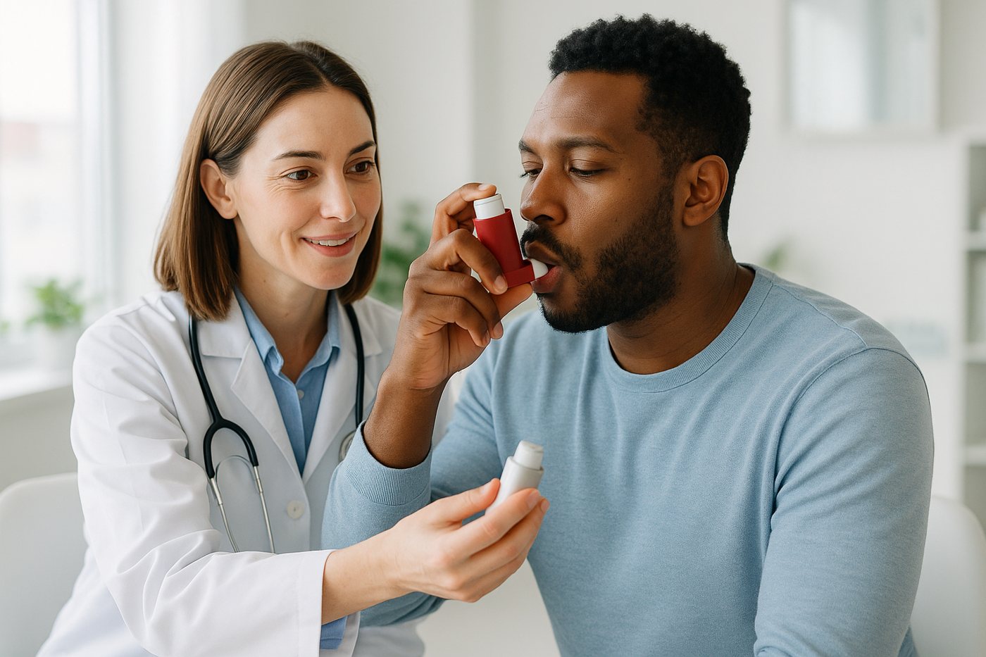 A doctor helping a patient use an inhaler