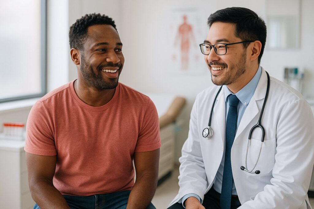 A smiling adult patient with a caring doctor
