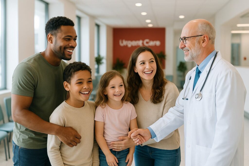 A happy family with a doctor at Pioneer Physicians Urgent Care