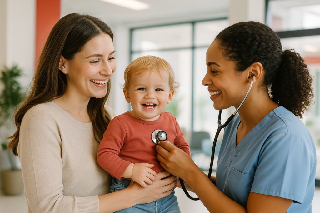 A mother and smiling child with a nurse
