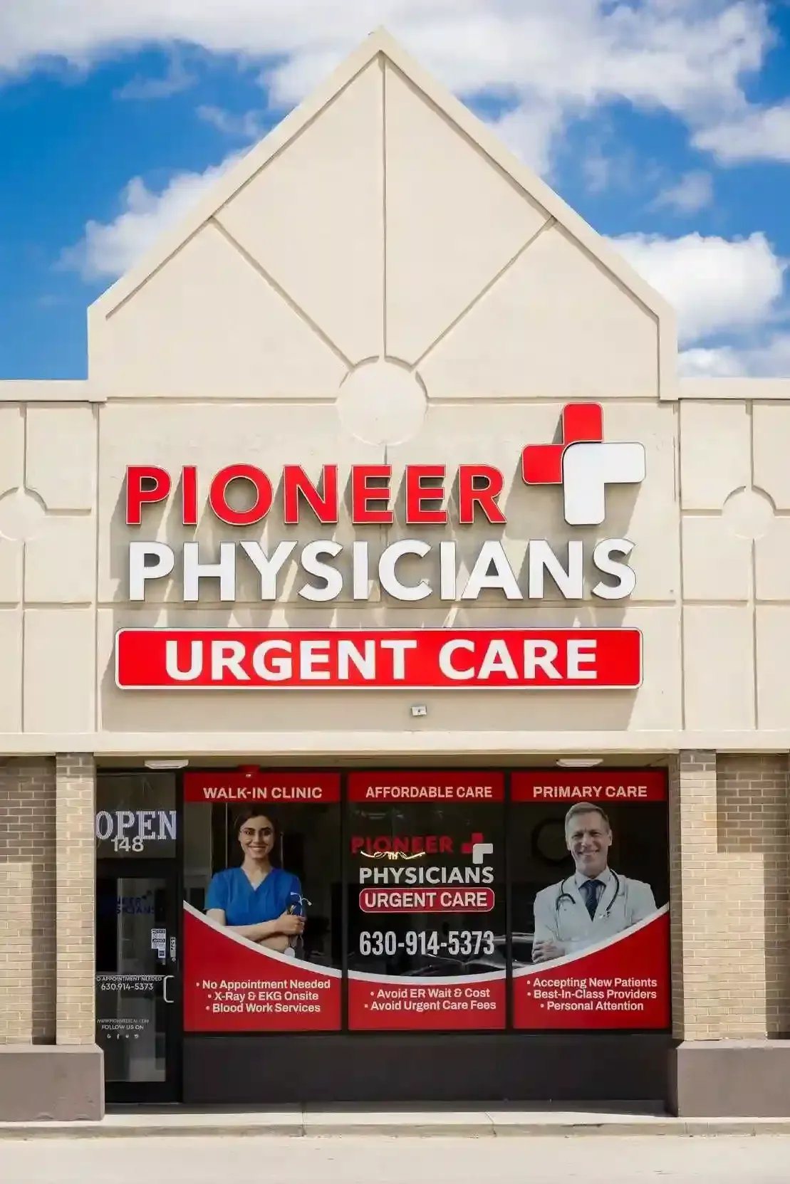 Exterior of Pioneer Physicians Urgent Care at 148 S Bolingbrook Dr