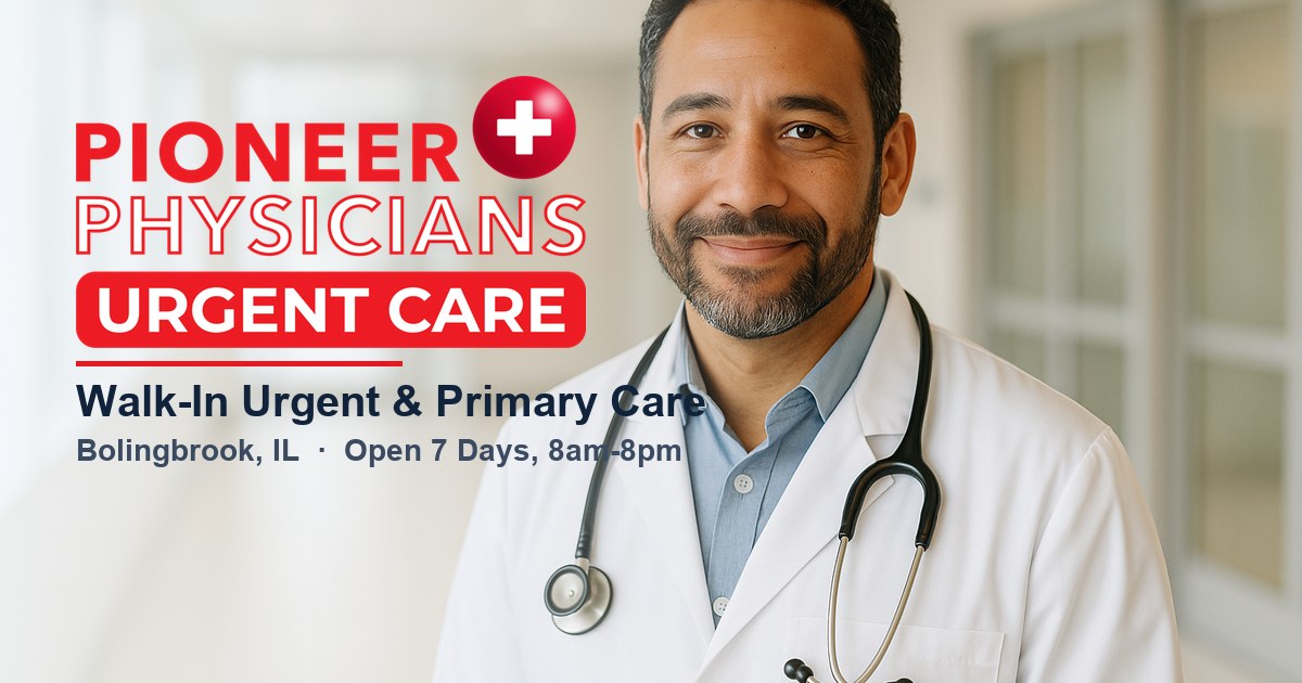 Pioneer Physicians Urgent Care - a friendly doctor with the clinic logo, walk-in urgent and primary care in Bolingbrook, IL