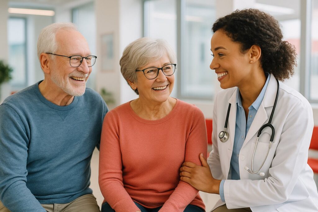 An older couple receiving friendly care from a doctor