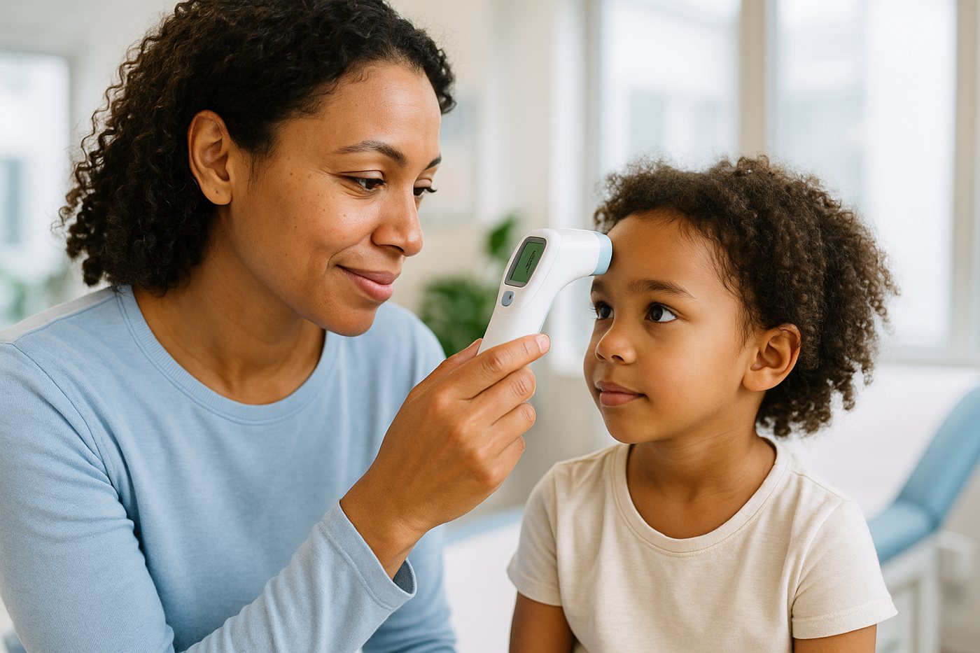 A parent checking a child's temperature