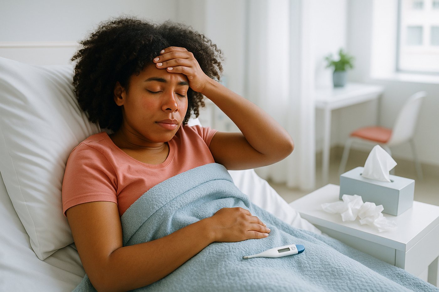 A person resting in bed with a fever