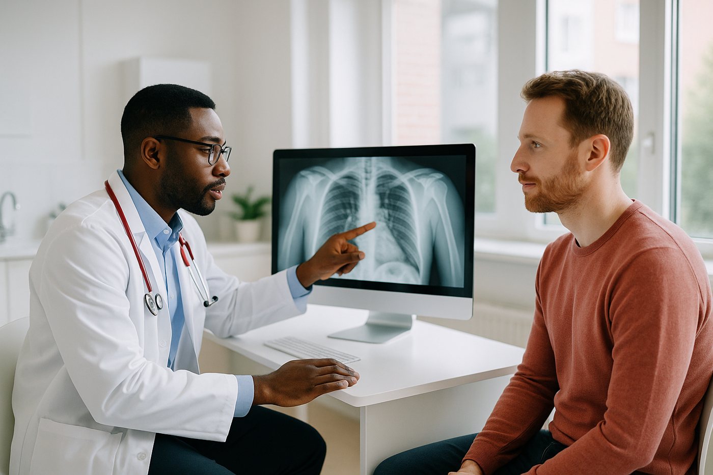 A doctor reviewing a chest X-ray