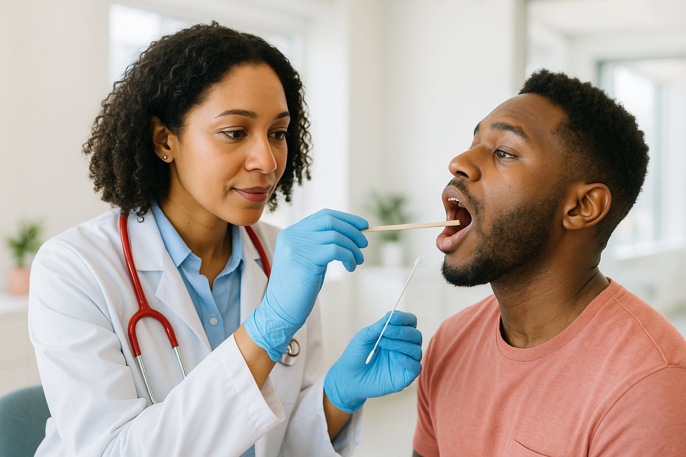 A doctor performing a strep throat swab