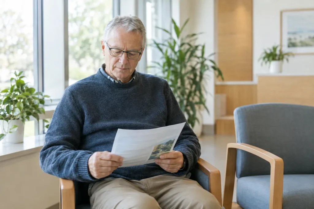 Older man reading a printed health handout in a bright urgent care waiting area