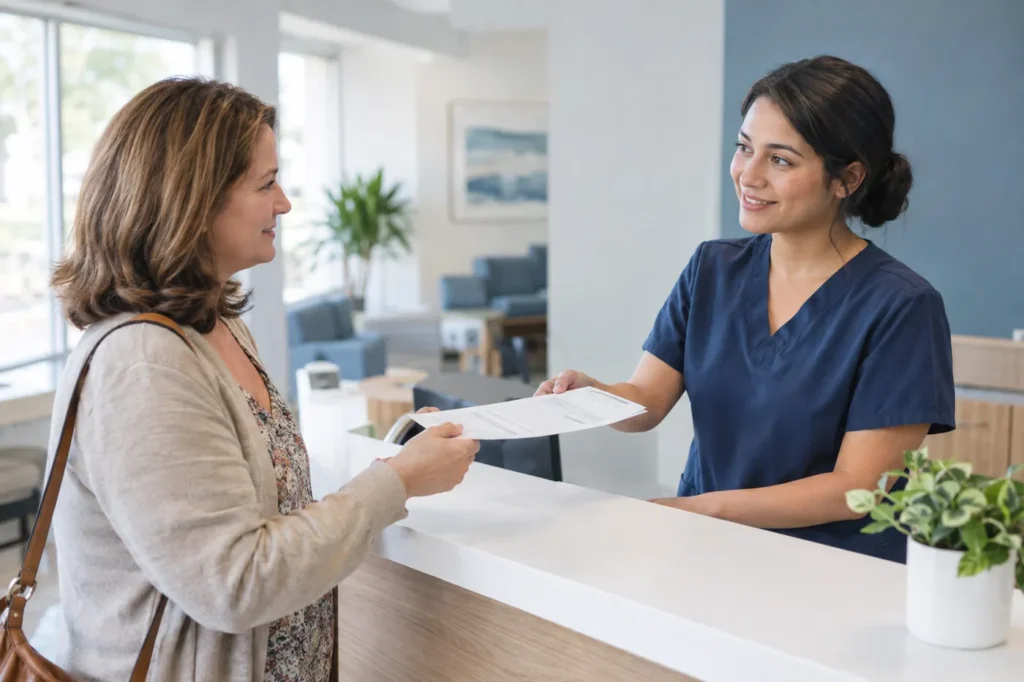 Front desk staff member handing a printed care sheet to a patient at an urgent care check-in counter