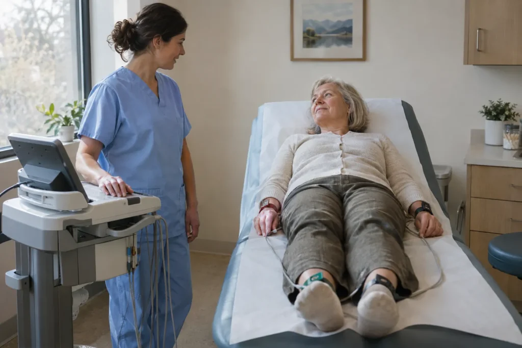 Profesional de la salud hablando con una mujer mayor que descansa en una mesa de examen junto a un carrito de EKG