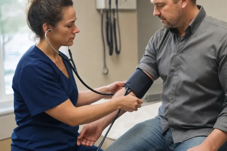 Profesional de la salud mide la presión arterial de un conductor con un brazalete en una sala de examen luminosa
