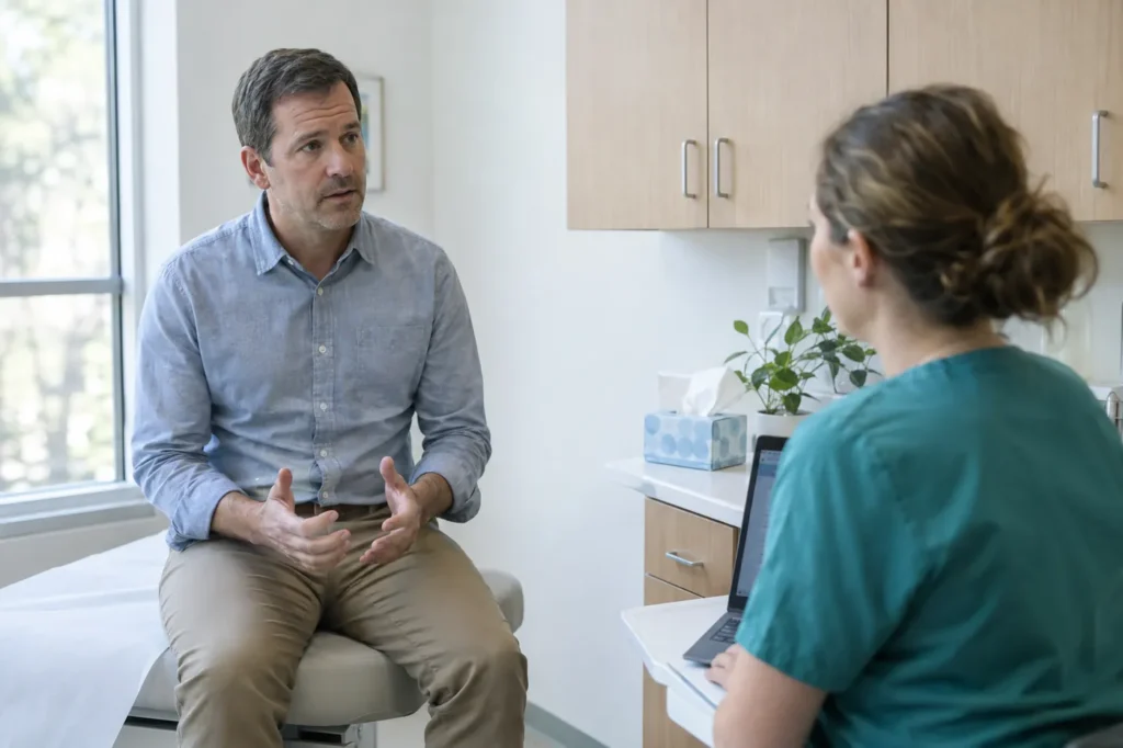 Un hombre describe sus síntomas de alergia de temporada a un profesional de la salud en un consultorio luminoso de atención de urgencia