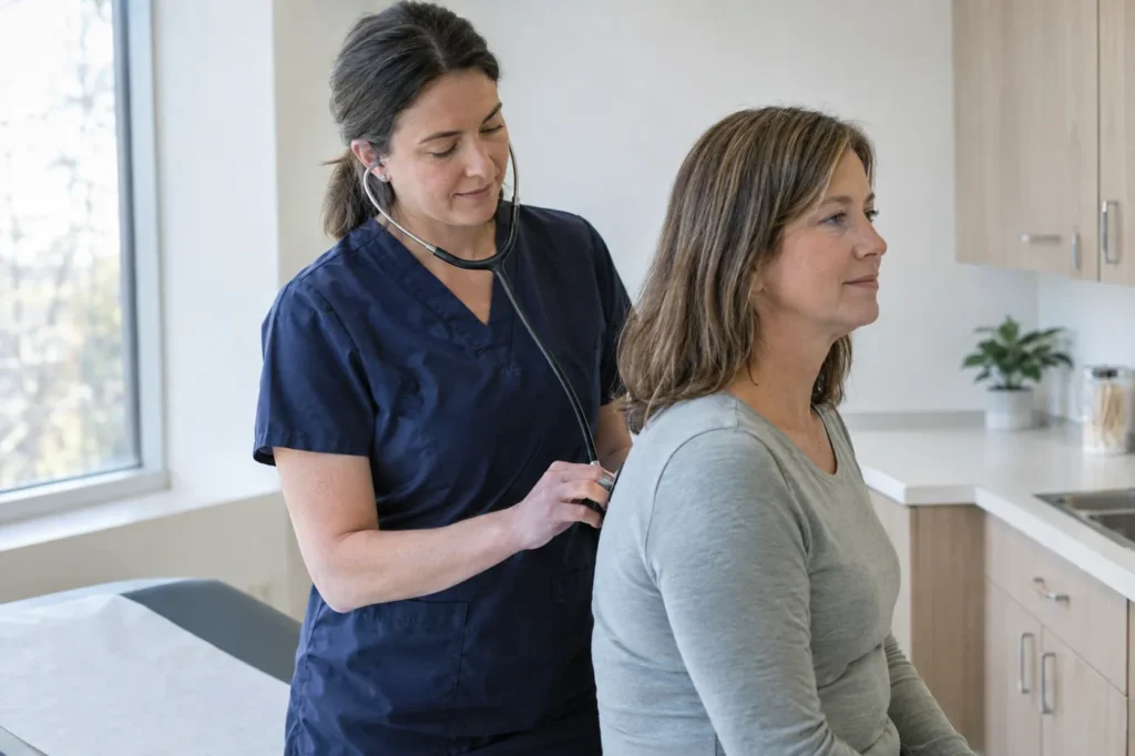 Profesional de la salud escucha la respiración de una paciente adulta con un estetoscopio en un consultorio luminoso de atención de urgencia
