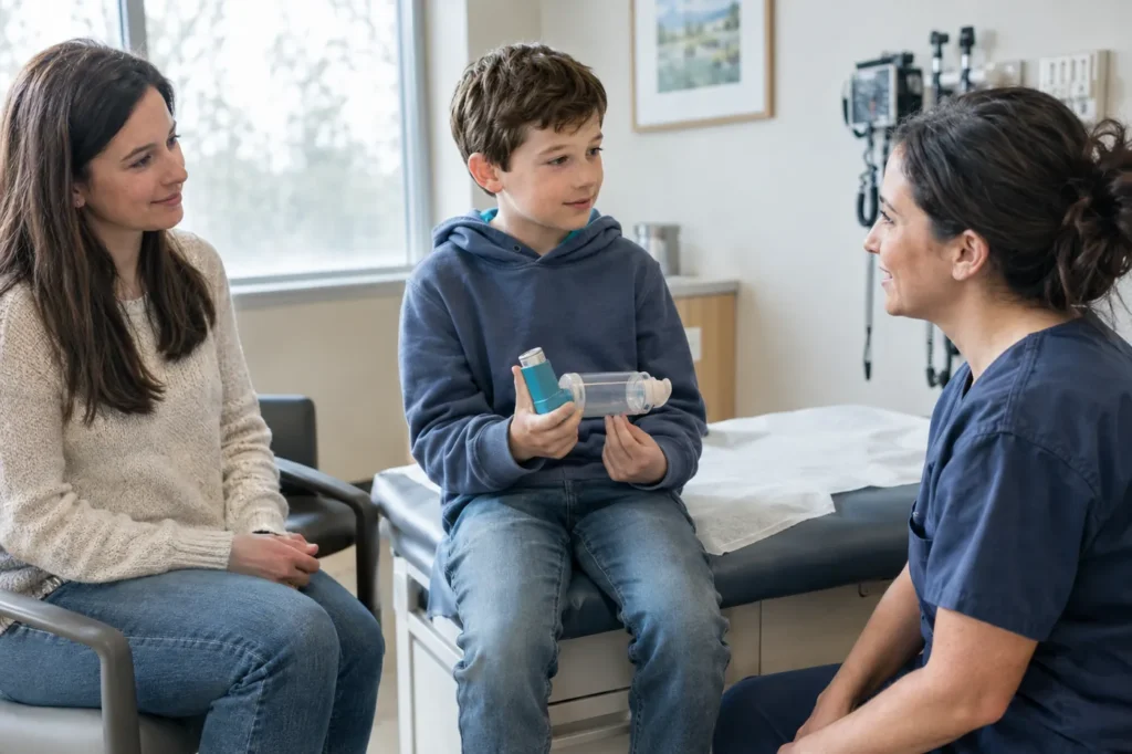 Profesional de la salud habla con un niño que sostiene un inhalador con espaciador mientras su madre escucha en un consultorio luminoso