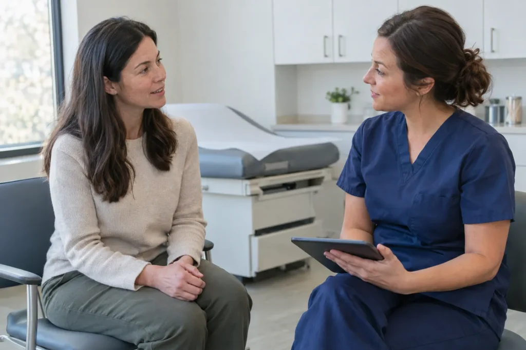 Mujer hablando con una profesional de la salud en una sala de examen iluminada durante una consulta de salud de la mujer en Bolingbrook