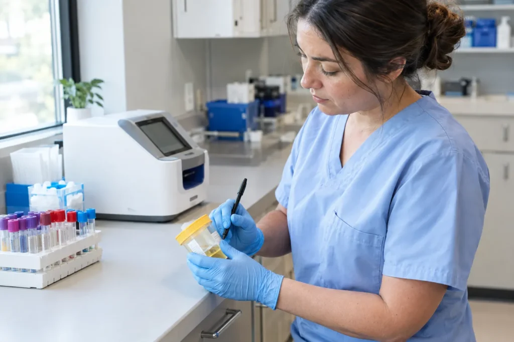 Asistente médico etiquetando un frasco sellado con una muestra de orina en el mostrador del laboratorio de la clínica para un análisis de orina