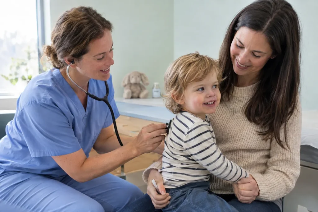 Profesional de la salud escucha la respiración de una niña pequeña a través de su camisa mientras ella está sentada en las piernas de su mamá