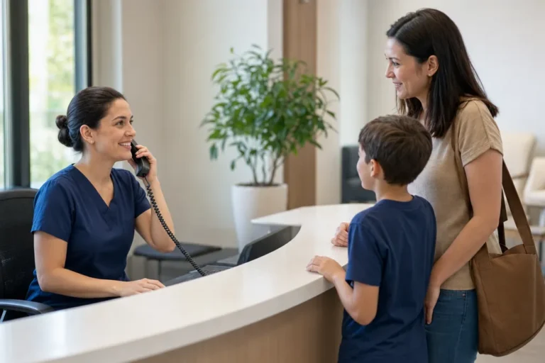 Recepcionista habla por teléfono mientras saluda a una madre y su hijo en la recepción de una clínica de atención de urgencia luminosa