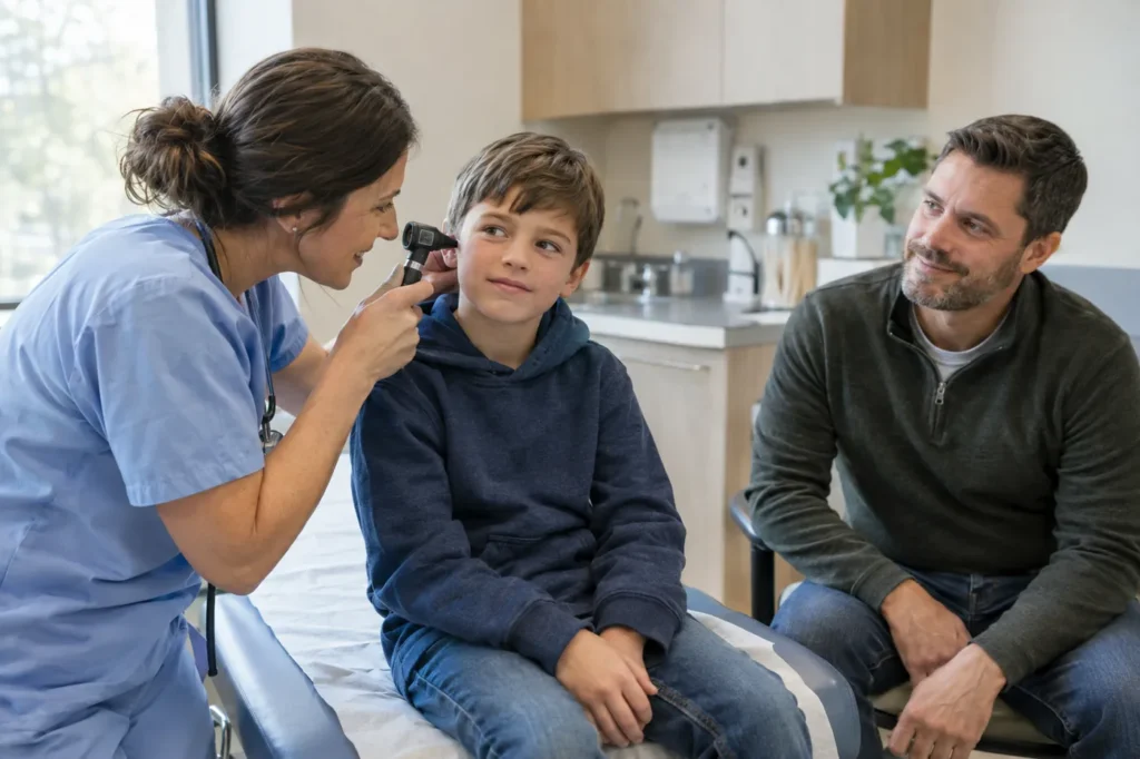 Clinician checking a young boy's ear while his father sits beside him at an urgent care clinic