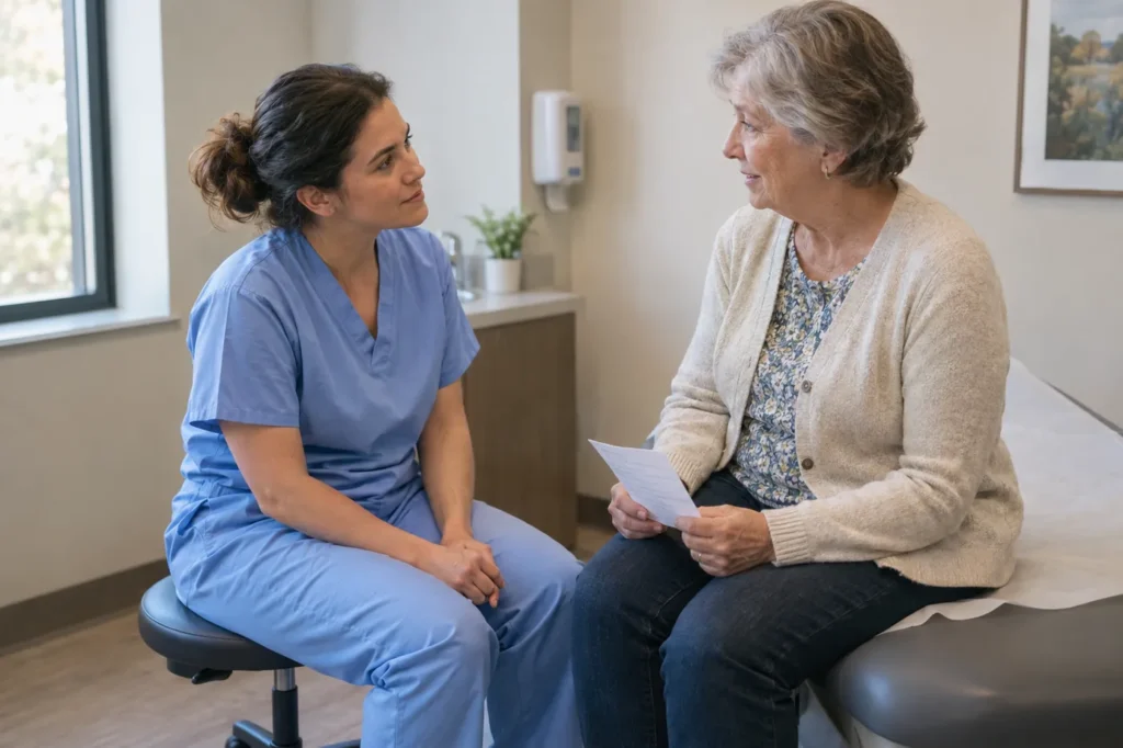 A clinician listening as an older woman shares a handwritten medicine list in an urgent care exam room