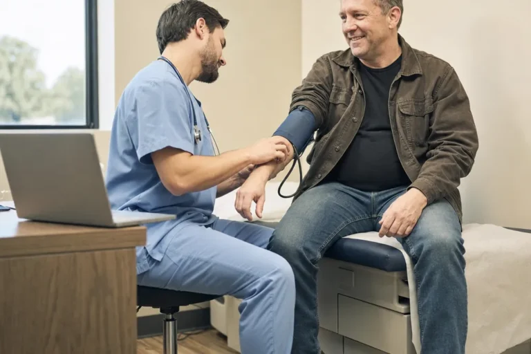 Profesional de la salud tomando la presión arterial de un conductor comercial durante un examen físico en una clínica de atención de urgencia
