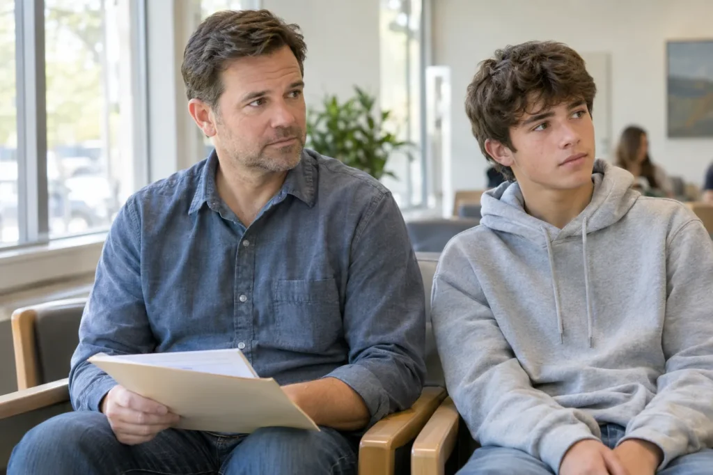 Padre sosteniendo el formulario ya lleno del examen físico escolar de su hijo en una sala de espera iluminada de la clínica