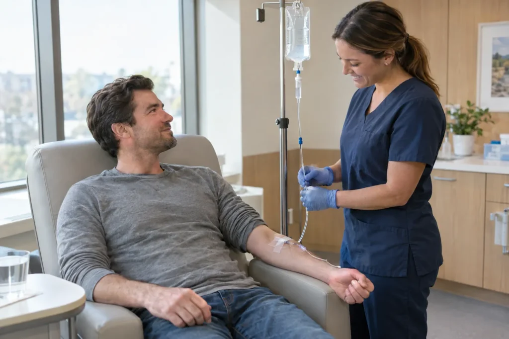 Paciente adulto descansando en un sillón reclinable mientras una enfermera revisa su vía de hidratación intravenosa en una clínica de Bolingbrook