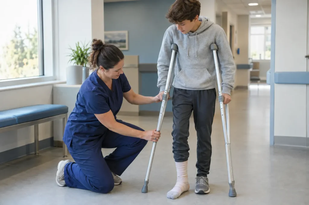 Clinician fitting crutches for a teenage boy with a wrapped ankle in a bright urgent care hallway
