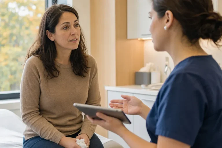 A woman with seasonal allergy symptoms talks with a clinician in a bright urgent care exam room