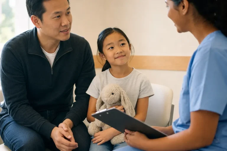 A father and his young daughter talk with a clinician holding a clipboard in a sunny clinic room