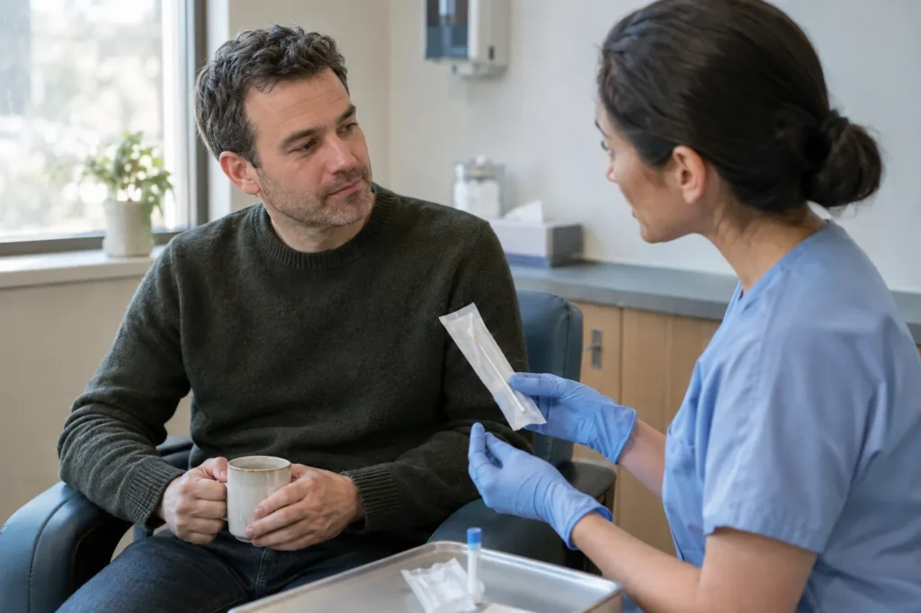 Clinician holding a sealed swab packet explains a rapid strep test to an adult patient
