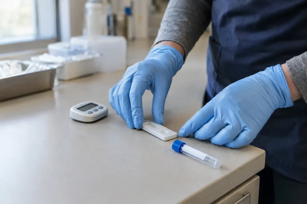 Gloved hands placing a rapid test cassette beside a timer on a clean clinic lab counter