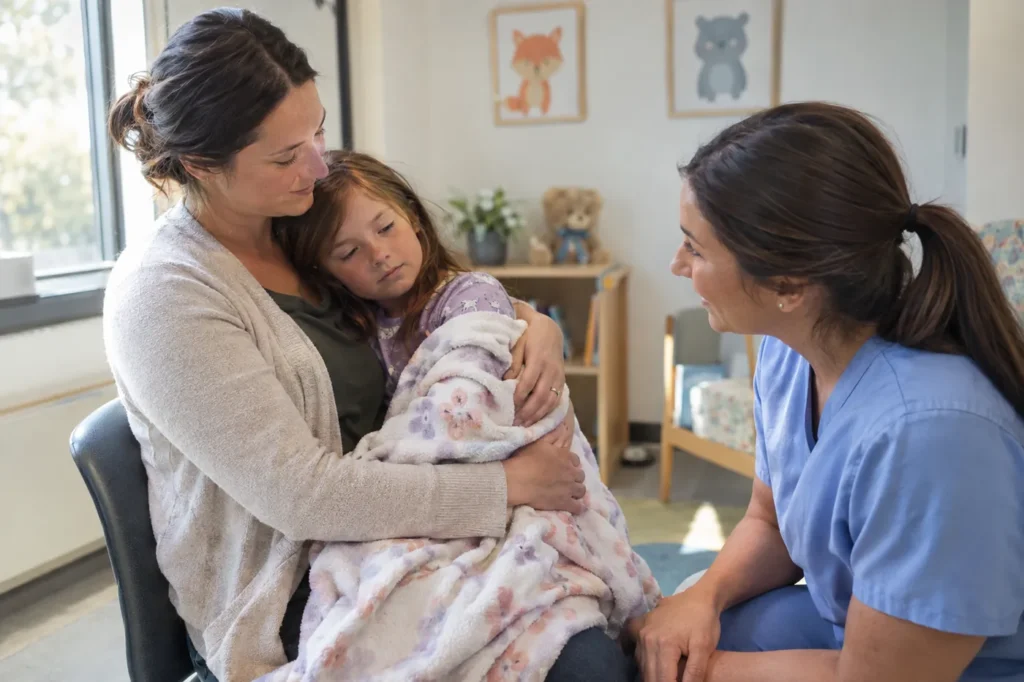 Clinician talking with a mother and her sleepy young daughter who has flu symptoms at an urgent care clinic