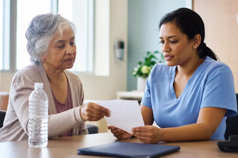 Older woman sharing her written medicine list with a clinician at a clinic desk before an IV visit