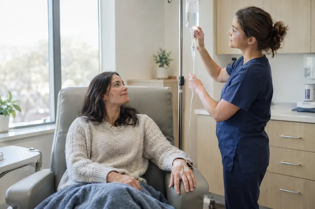Adult patient resting in a treatment chair with an IV in her hand while a clinician checks the fluid bag