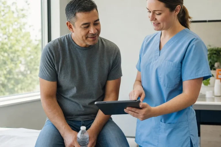 Clinician talking with a man holding a water bottle about dehydration in a bright exam room