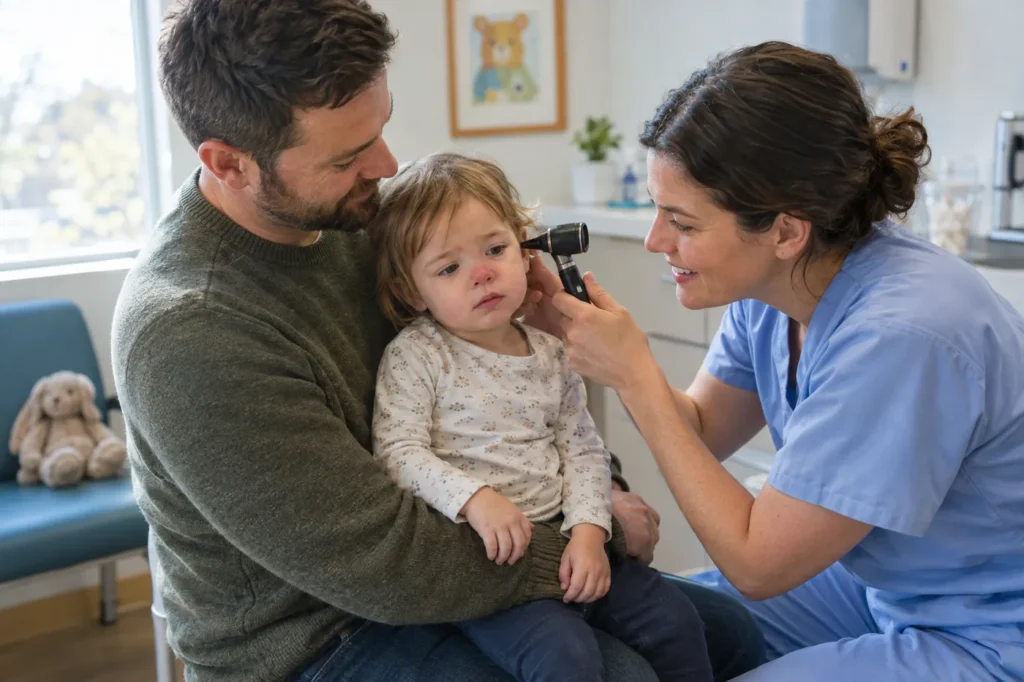 Father holding a toddler with a cold while a clinician gently checks the child's ear in an urgent care exam room