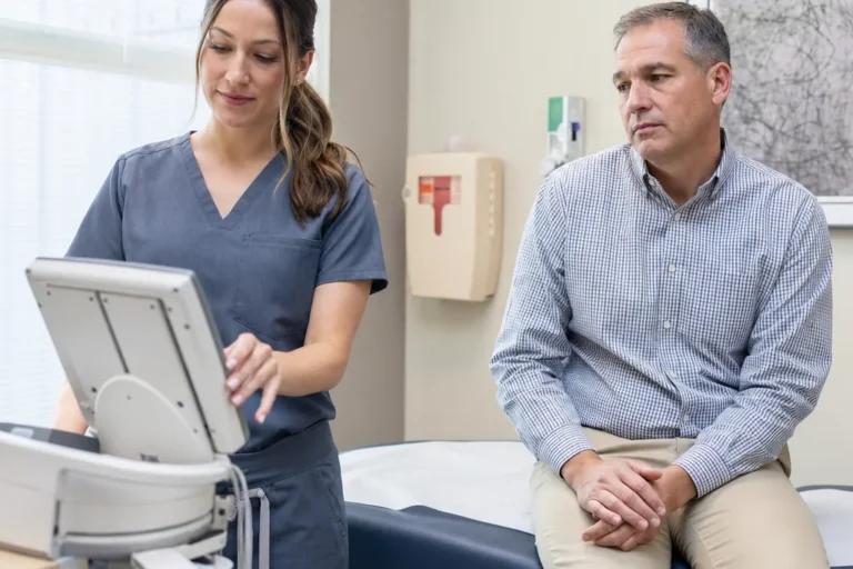 Clinician beside a portable EKG machine talking with a fully dressed adult patient in an urgent care exam room