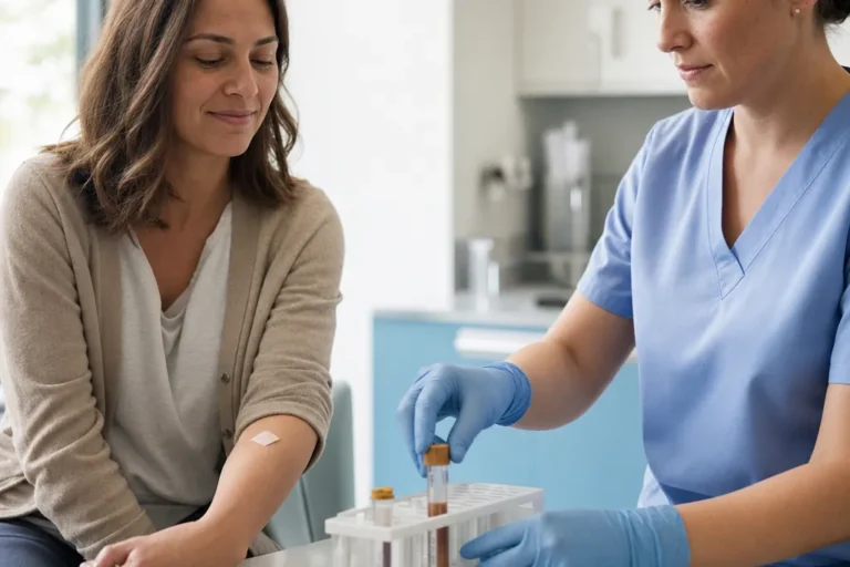 Clinic staff member placing a labeled sample tube in a rack while a patient rests nearby with a bandaged arm