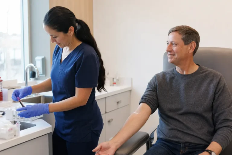 Medical assistant placing a labeled sample tube in a rack beside a patient after a blood draw at an urgent care clinic