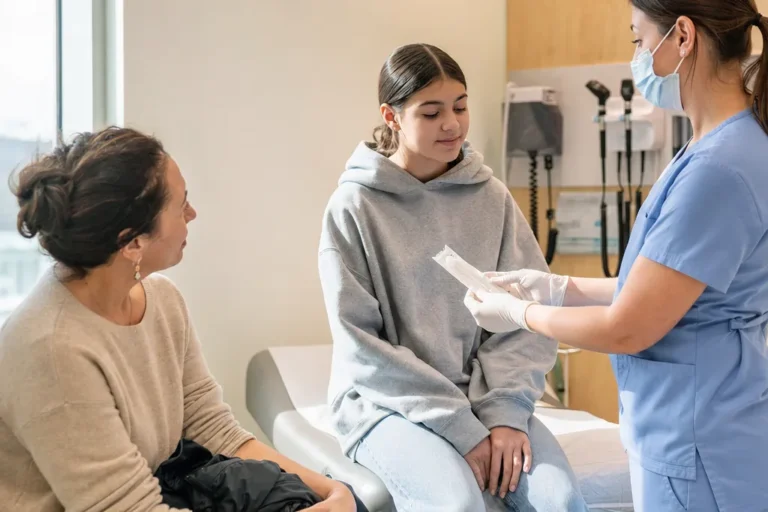 Provider explaining a rapid strep throat swab to a teenage girl and her mother in a bright exam room