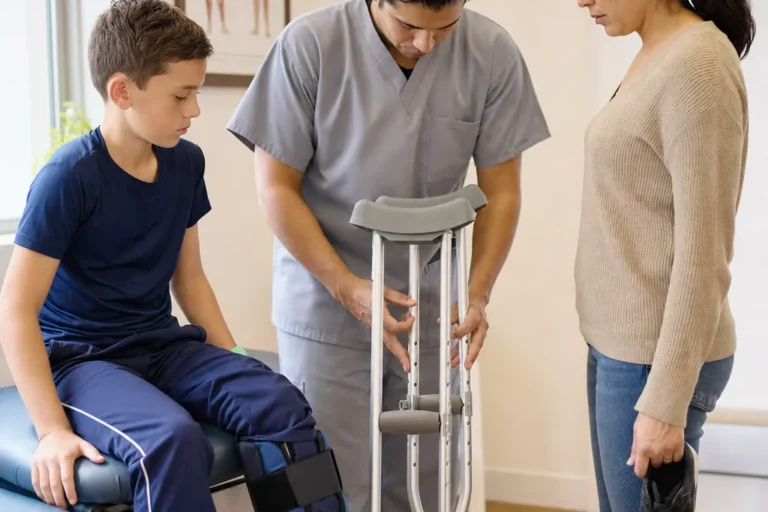 Clinician adjusts crutches for a preteen boy with a splinted leg while his mother stands nearby