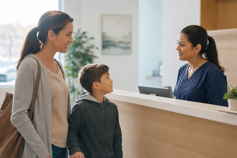 Parent and young child checking in at the front desk of a bright, modern urgent care clinic