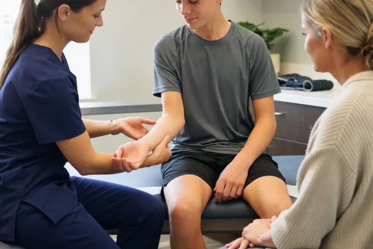 Provider gently examining a teen's sore wrist in an urgent care exam room as a parent watches