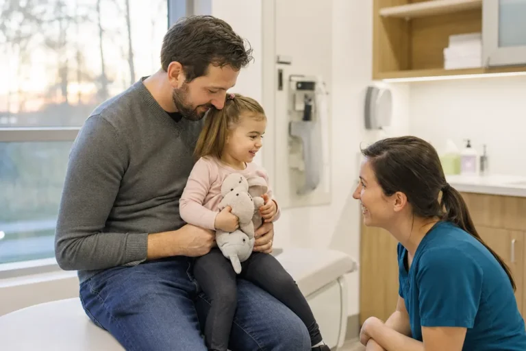 A father holds his toddler on his lap as a smiling clinician greets her in a bright urgent care exam room