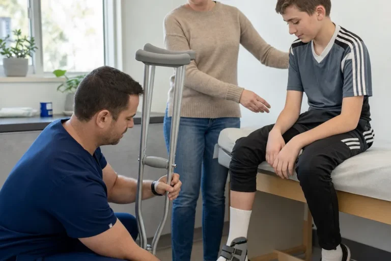 A clinician fits crutches for a boy with a braced ankle while his mother stands beside him