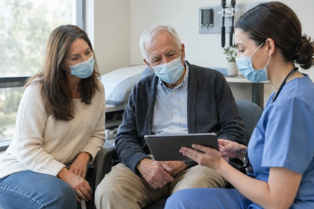 Older man in a face mask and his adult daughter talking with a clinician holding a tablet in an exam room