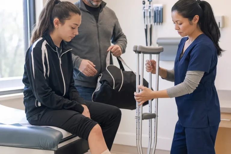 Teen athlete with a wrapped ankle being fitted for crutches in an urgent care exam room