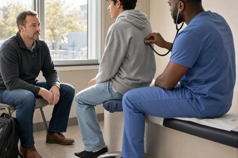 A clinician listens to a teenage boy's breathing as his father sits nearby in a sunny exam room