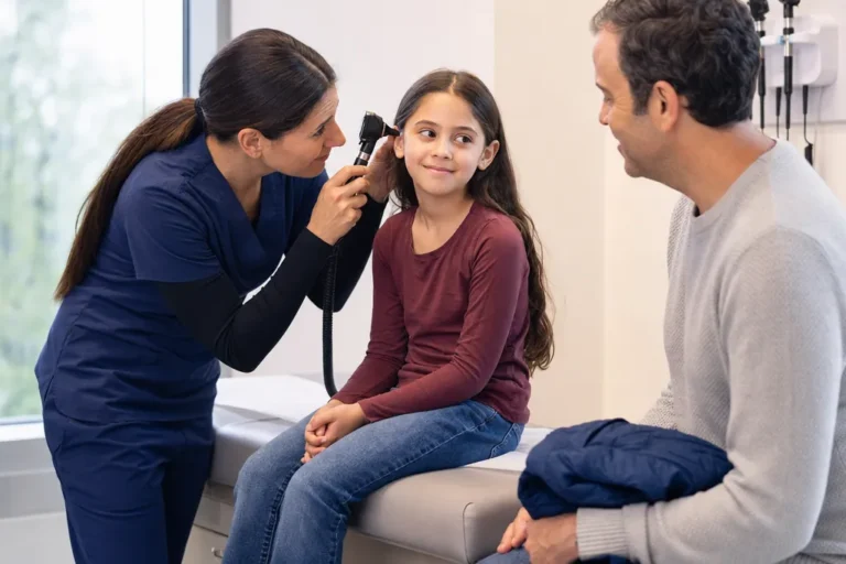 Clinician checking a young girl's ear on the exam table while her father sits beside her